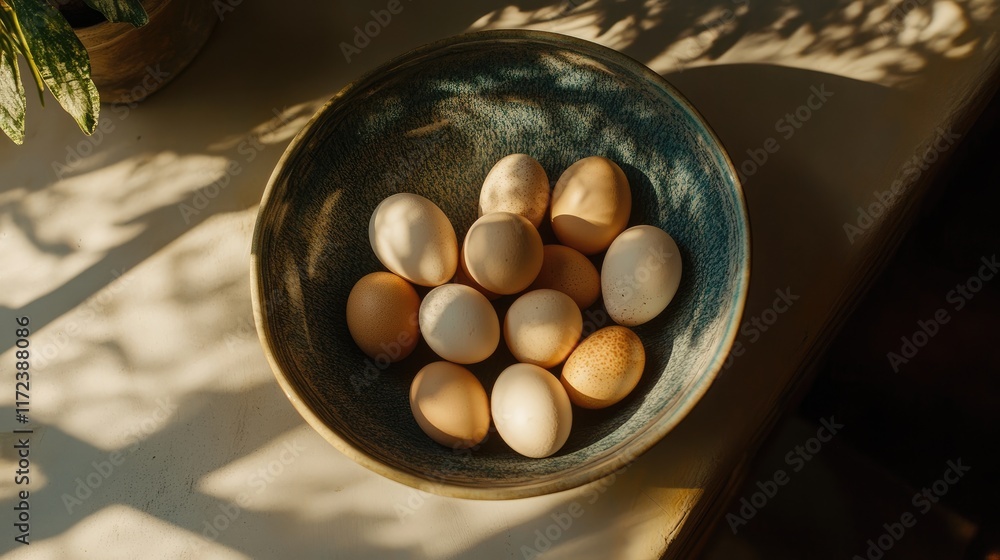 Poster Overhead view of assorted eggs in a textured bowl showcasing intricate light and shadow patterns on the eggshells