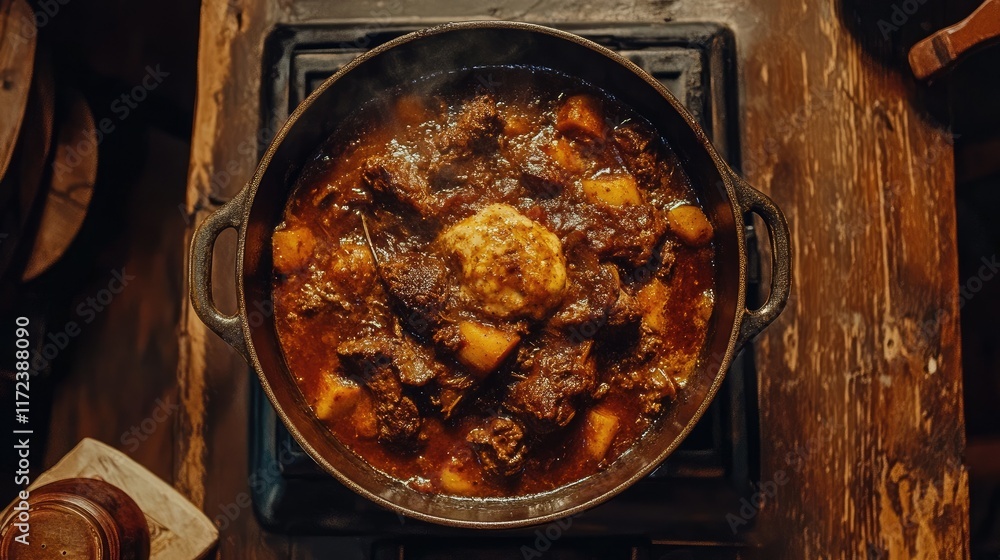 Poster overhead view of flavorful ossobuco stew simmering in a cast iron pot with tender meat and vegetable
