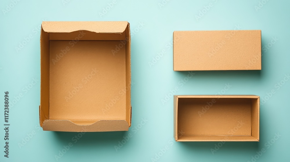 Aufkleber cardboard boxes arranged on a teal surface showcasing open and closed designs for storage and packag