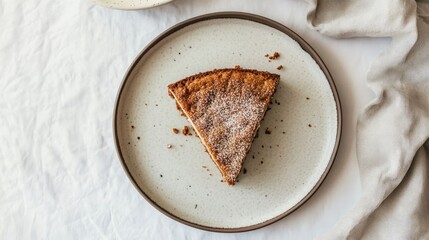 Overhead view of a slice of delicious cake on a textured plate with a light cloth background