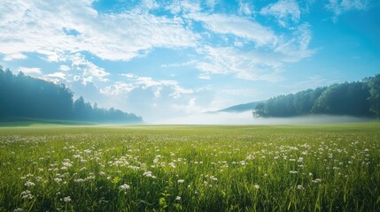 Serene landscape of lush green fields under a bright blue sky with fluffy clouds and mist in the background showcasing natural beauty.