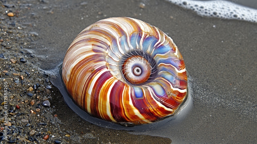 Poster nautilus shell resting on wet sand near ocean waves showcasing intricate patterns and vibrant colors