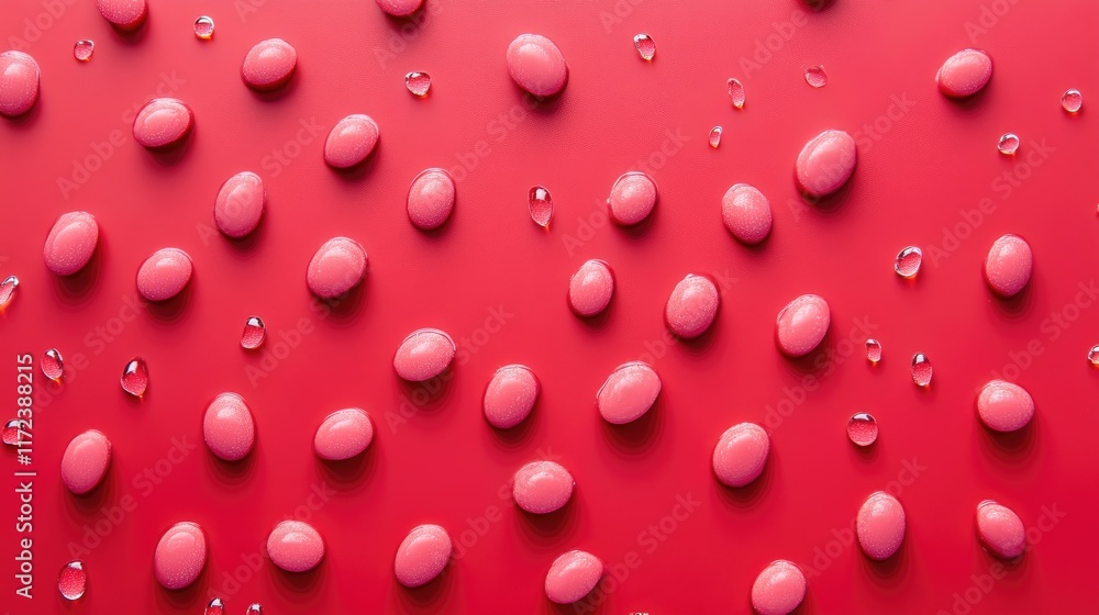Poster pink chocolate droplets scattered across a vibrant red background creating a visually striking and d