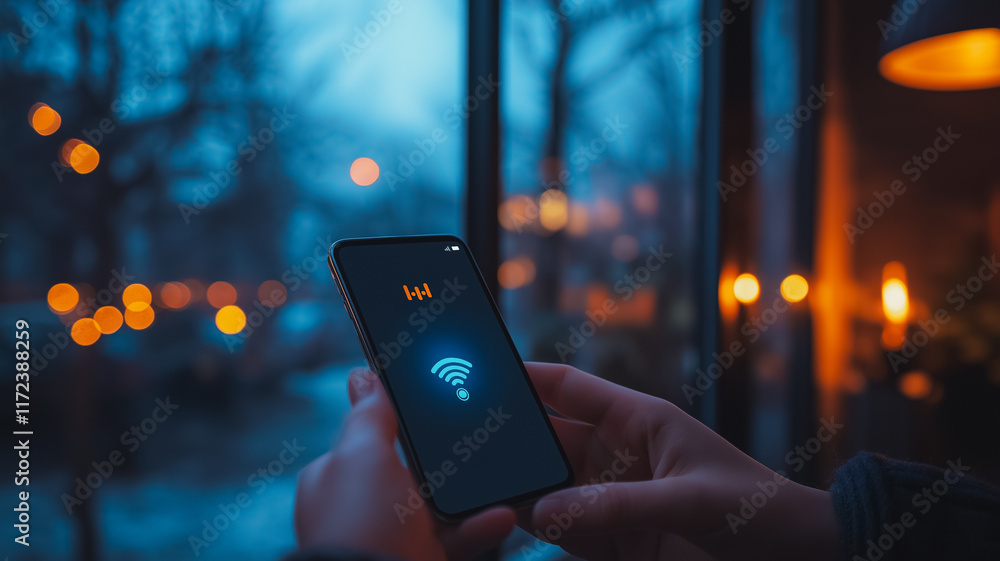 Poster connecting in the city: a close-up of a smartphone screen displaying a wifi connection, with a blurr
