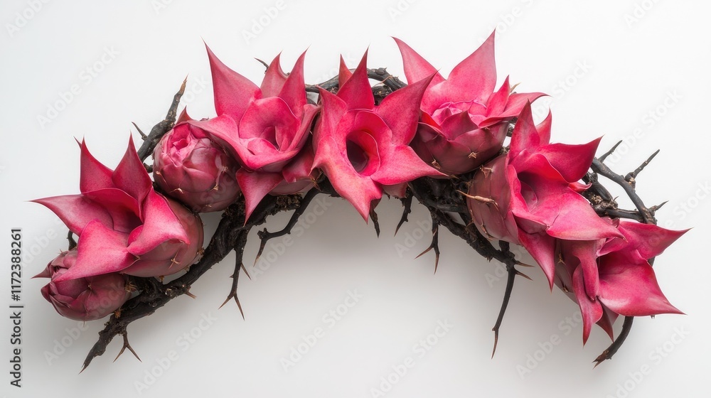 Aufkleber pink crown of thorns euphorbia with striking red flowers and thorny stems displayed on a white backg
