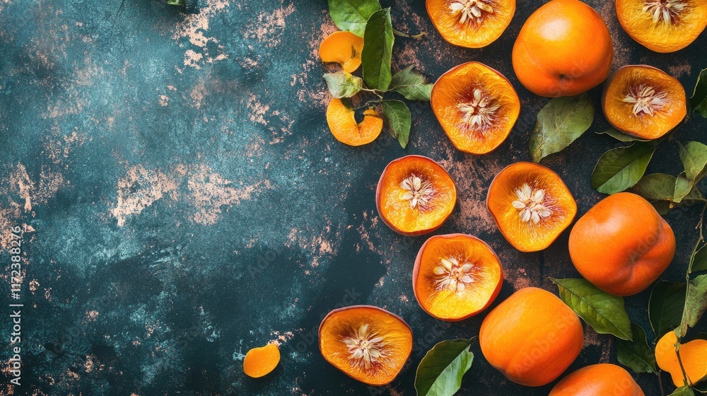 Poster Overhead perspective of vibrant sun-dried persimmons arranged on rustic tabletop with greenery accentuating the colorful fruit display