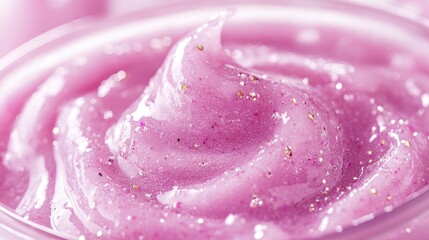 Exfoliating body scrub close up featuring sparkling particles and vibrant pink gel for luxurious spa skin care treatment.