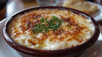 Authentic Turkish dish featuring melty cheese and herbs baked to perfection in a clay dish garnished with fresh parsley.