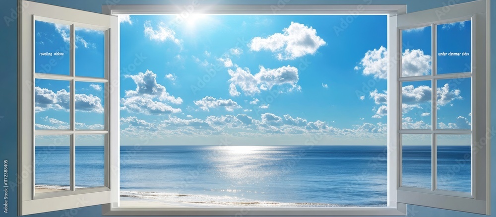 Poster scenic ocean view from an open window with bright summer skies and inviting atmosphere perfect for r