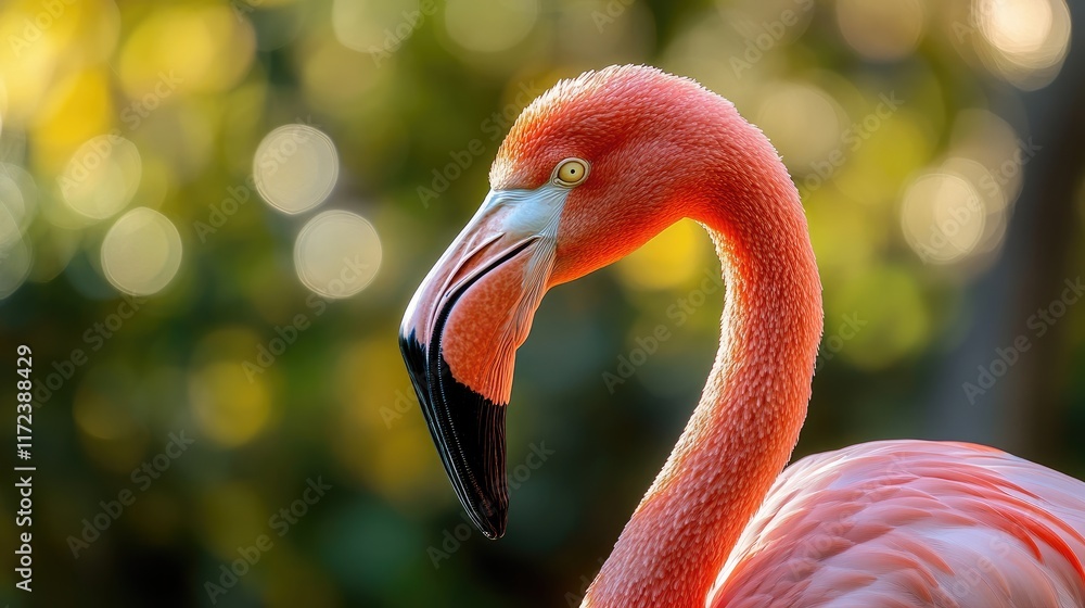 Aufkleber Elegant Pink Flamingo Portrait with Bokeh Background Showcasing Vibrant Feathers and Distinctive Curved Neck in Natural Habitat