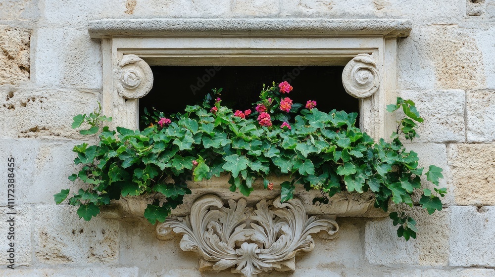 Poster foliage and colorful flowers in a decorative wall niche adding charm to historic architecture