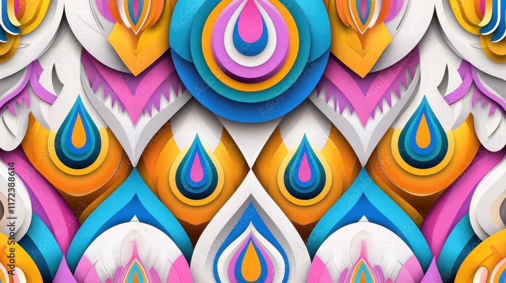 Poster colorful abstract design with layered shapes and vibrant patterns.