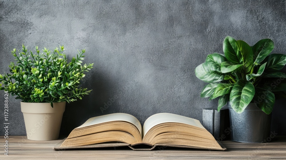 Aufkleber open book surrounded by greenery on a rustic wooden table with a textured grey wall creating a calmi
