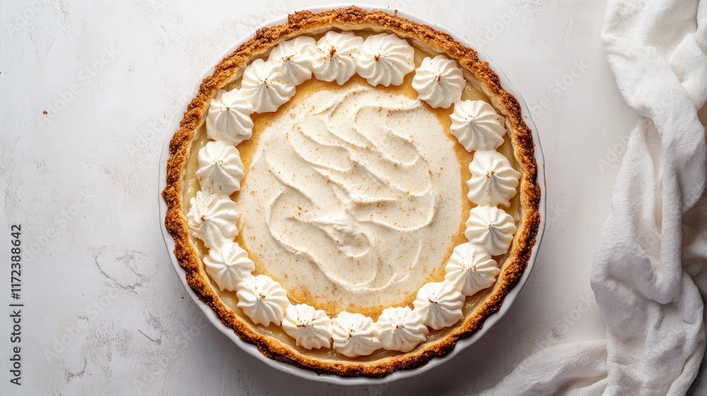 Poster overhead view of a delicious cream pie decorated with whipped cream and a golden crust on a marble b