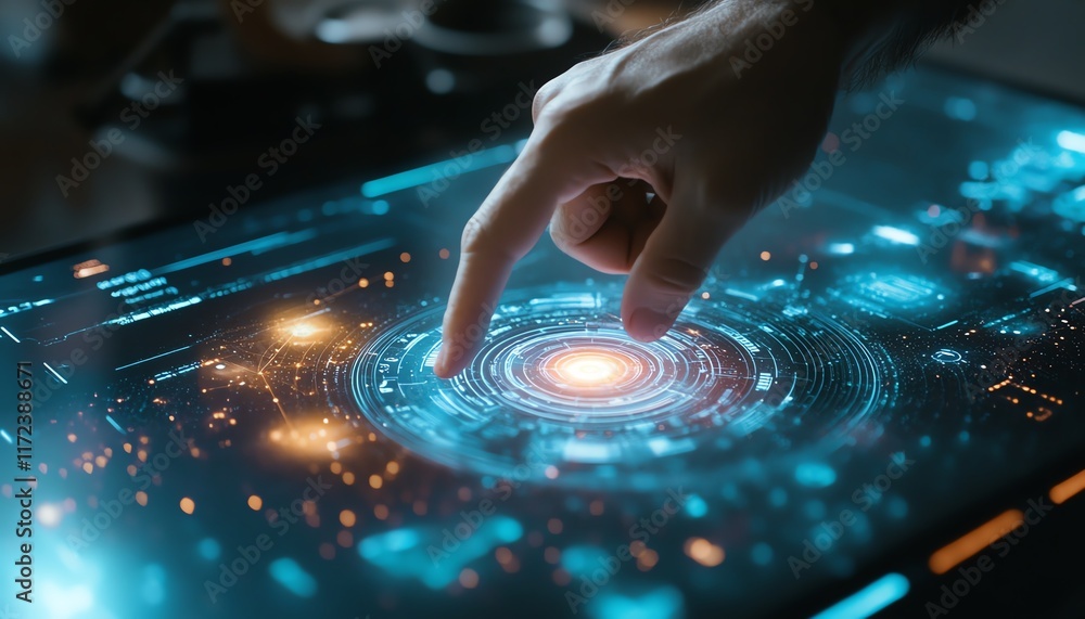 Poster closeup of a hand interacting with a digital interface, pointing at the center, showcasing touch tec