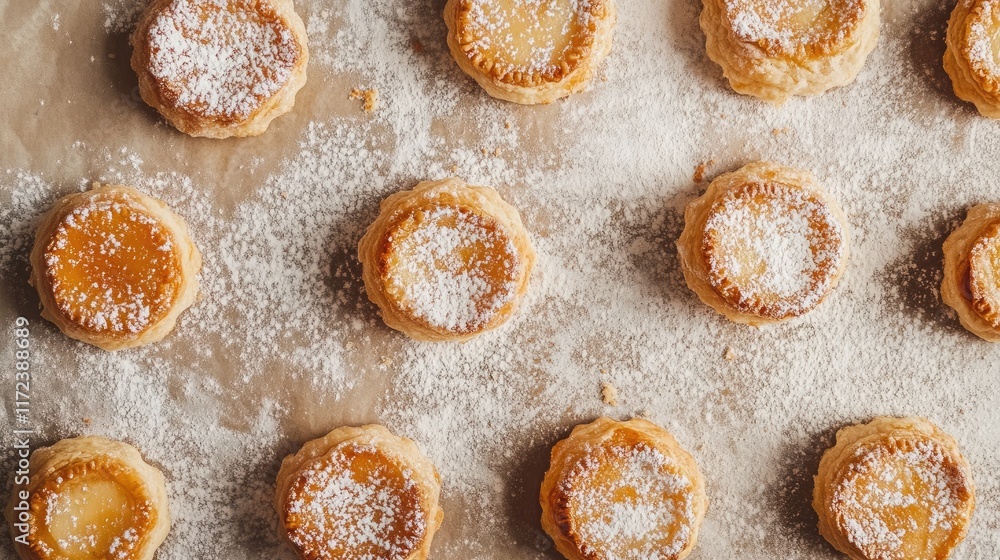 Poster overhead view of freshly baked mini apple pies with powdered sugar on a rustic baking sheet