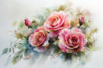 Obraz premium Beautiful watercolor roses in various stages of bloom, complemented with soft greenery on a white canvas.