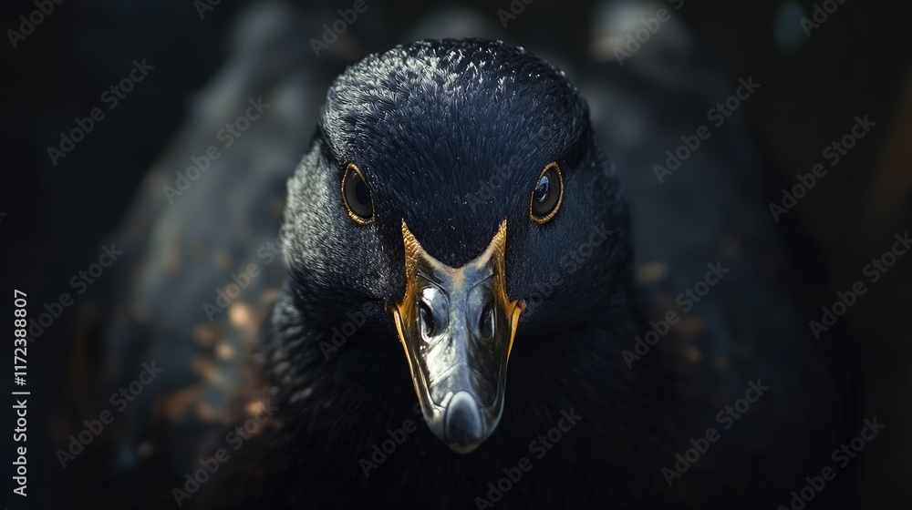 Poster portrait of a pacific black duck showcasing its striking features and glossy plumage in a natural se