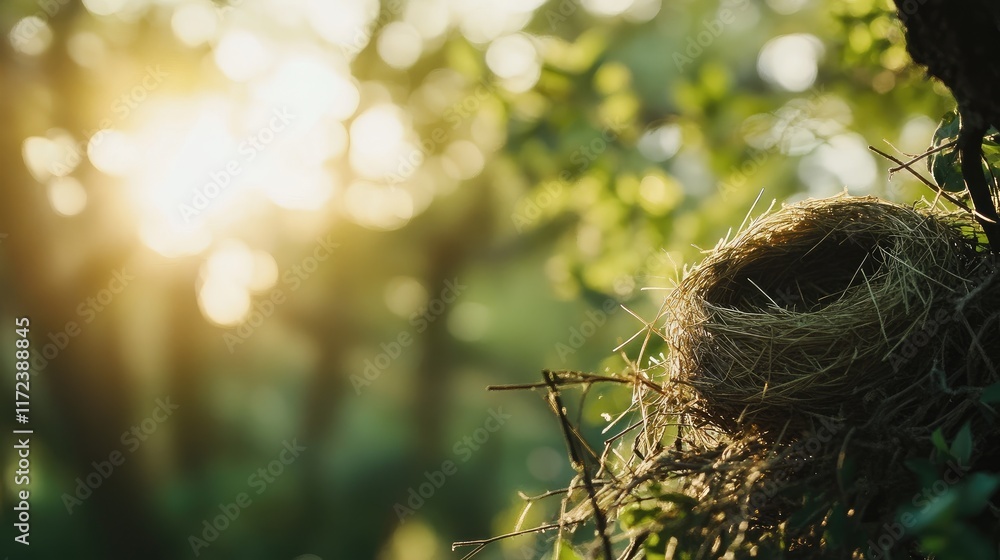 Poster weaver bird nest made of hay on a tree branch with a natural blurred forest background illuminated b