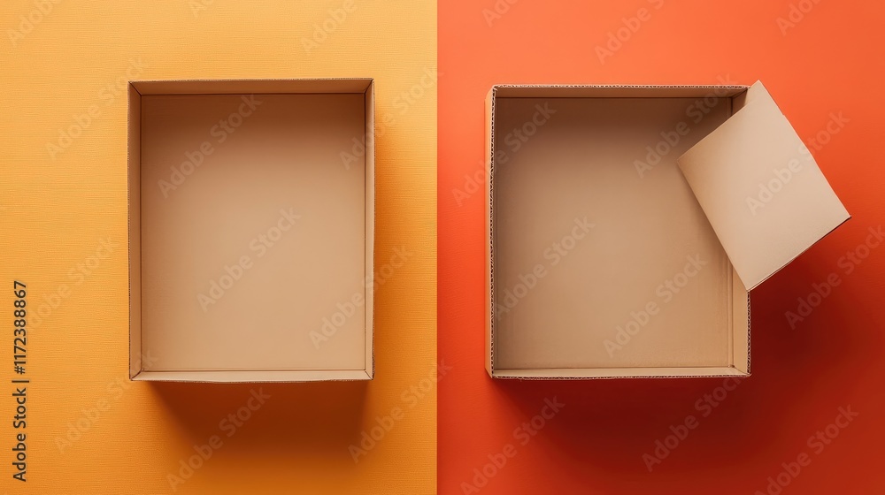 Poster cardboard boxes in open and closed positions on vibrant colored backgrounds with empty space for tex