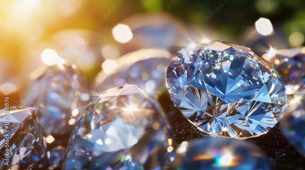 Aufkleber close-up of sparkling diamonds reflecting light in a glimmering display on a dark surface