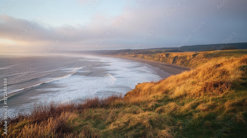 Aufkleber scenic coastal view from bluff with golden grass and waves under soft lighting