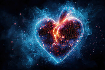 Flaming digital heart with circuitry in smoky background. Digital art for wallpaper