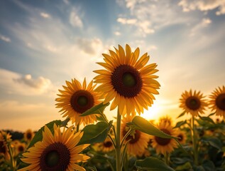 Obraz premium An expansive sunflower field stretches under a sunset sky, capturing the essence of summer's warmth and natural beauty.