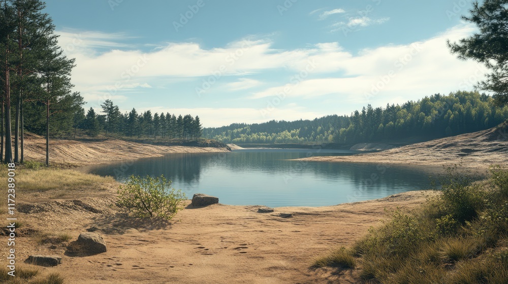 Poster aserene landscape of a partially dry lake surrounded by trees and sandy shores in a tranquil natural