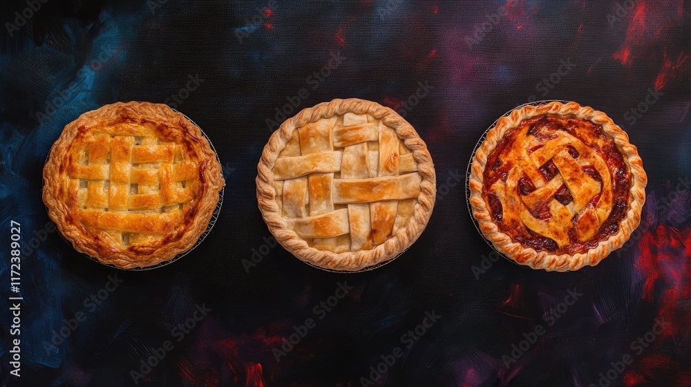 Poster overhead view of three delicious homemade pies with different crust designs on a colorful rustic bac