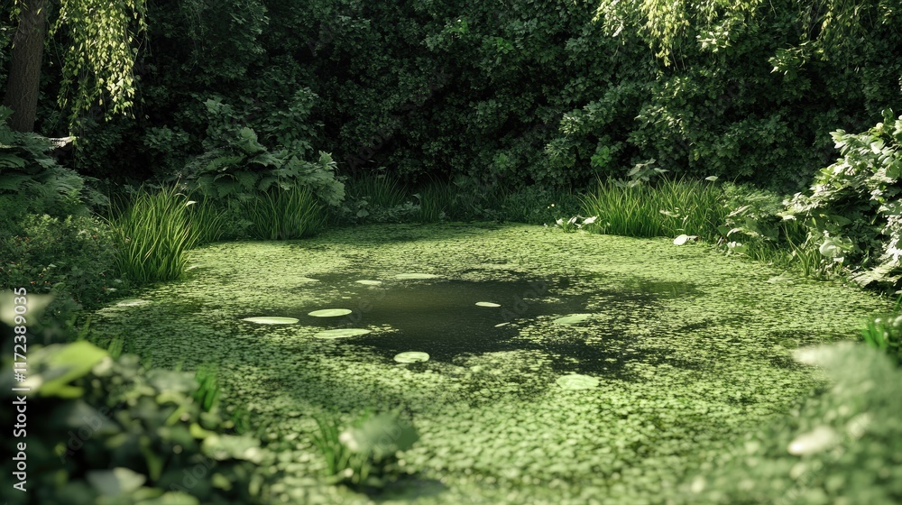 Poster serene overgrown pond covered in duckweed surrounded by lush greenery in a tranquil park environment