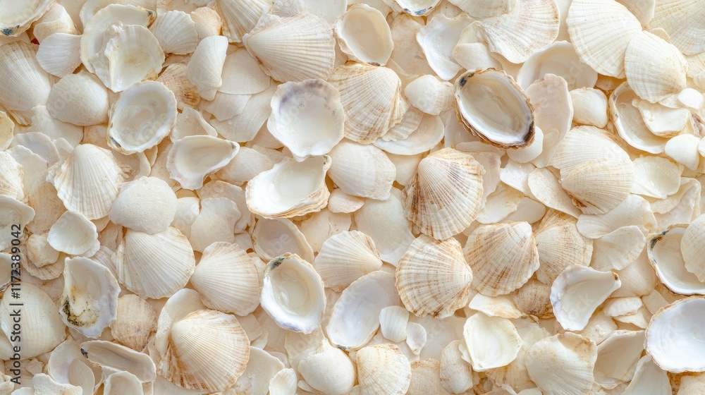 Poster Textured background of a multitude of oyster shells arranged closely showcasing natural cream and beige tones and intricate patterns.