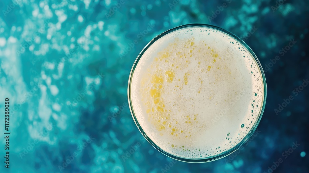 Poster overhead view of a freshly poured glass of beer with foam on a blue textured background