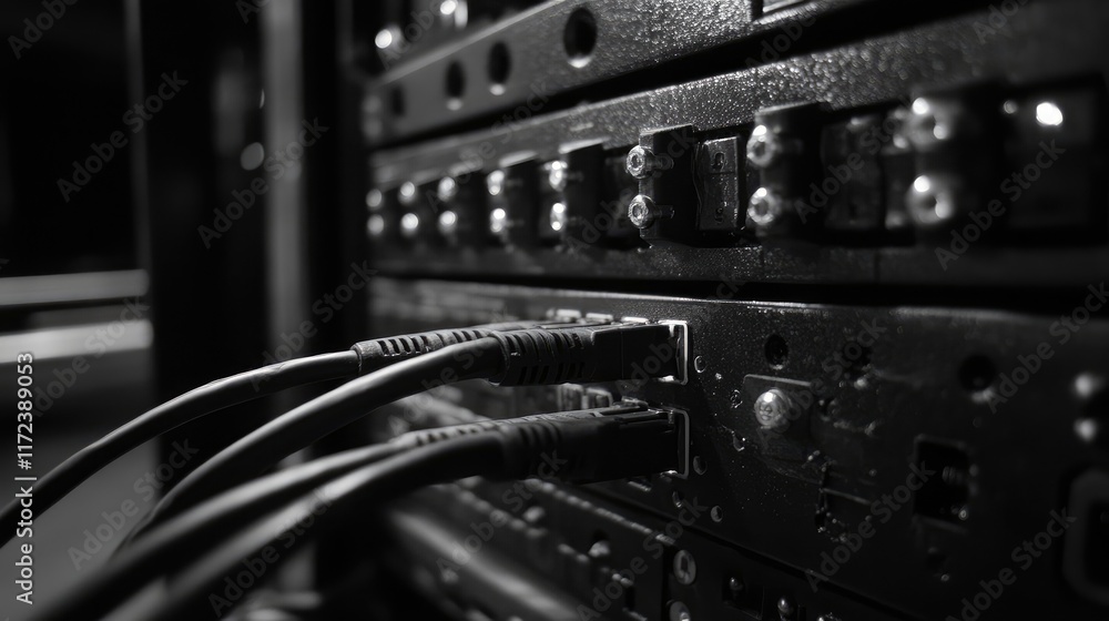 Poster network cables neatly organized in a server rack showcasing connectivity and technology infrastructu
