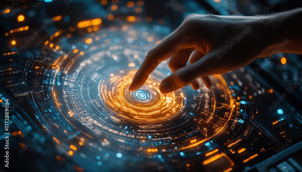 Poster closeup of a hand interacting with a digital interface, pointing at the center, showcasing touch tec