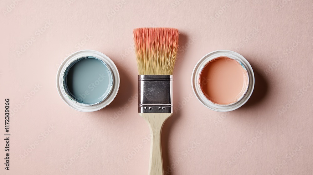 Poster Overhead view of a paint brush surrounded by colorful sample paint pots on a pastel background for DIY projects