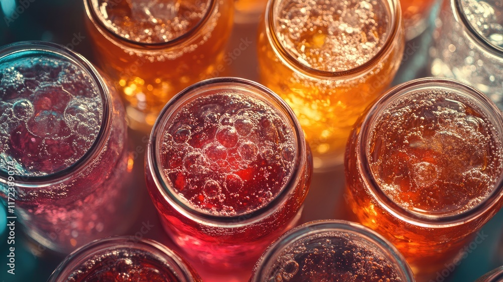 Aufkleber Overhead view of colorful jars filled with sparkling beverages showcasing vibrant bubbles and refreshing tones
