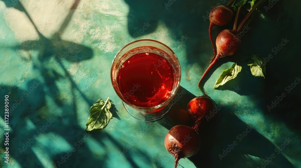 Poster beetroot juice in glass with fresh beetroots and leaves on a textured turquoise table background ill