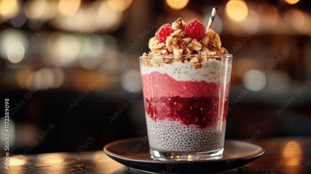 Poster Chia seed pudding layered with walnut oatmeal yogurt and raspberry sauce in a glass against a soft blurred background