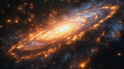Fototapeta premium Cosmic Inferno: A fiery spiral galaxy blazes across the cosmos, its swirling arms ablaze with incandescent energy. Countless stars glimmer like celestial diamonds.