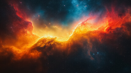 Naklejka premium Cosmic Dance: A mesmerizing nebula swirls in a symphony of fiery orange and azure blue, creating a breathtaking celestial spectacle.
