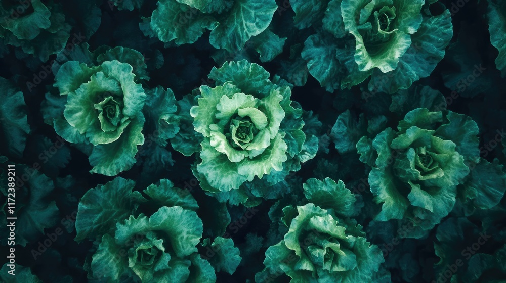 Poster overhead view of fresh green lettuce heads in a garden setting capturing natural textures and vibran