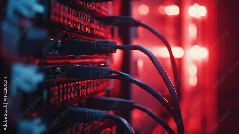Poster network cables linked to a switch with glowing lights in a data center showcasing modern technology 