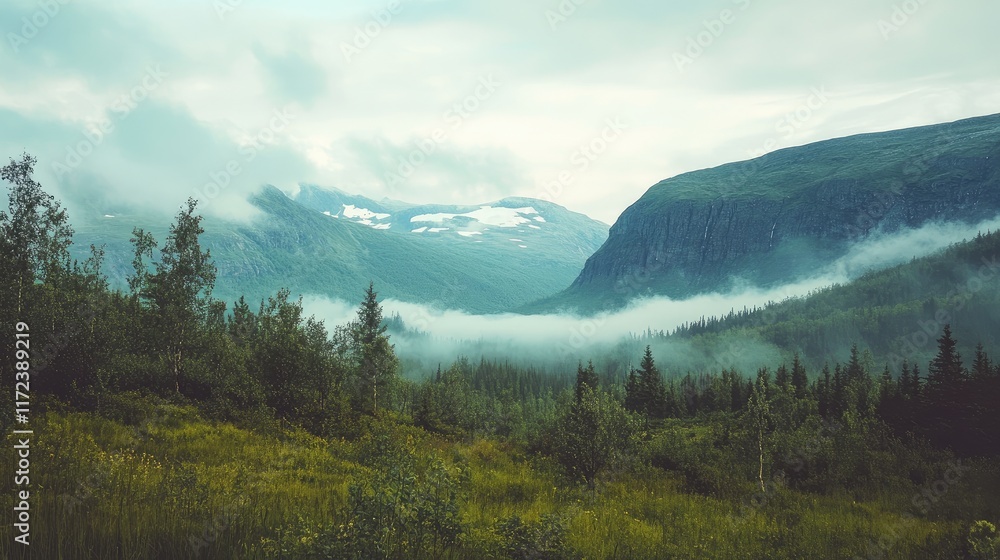 Poster serene natural landscape with misty mountains and lush greenery in a tranquil setting during dawn or