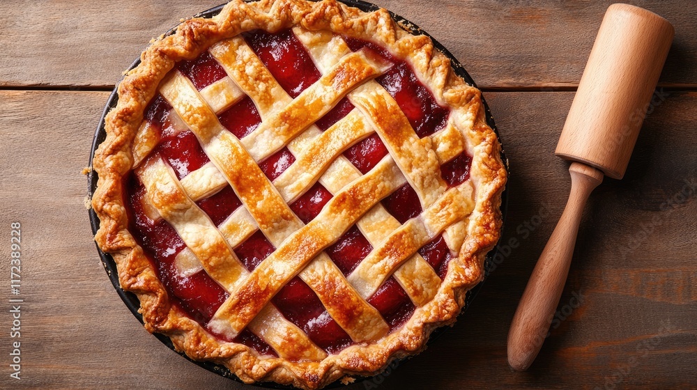 Poster lattice pie with berry filling and rolling pin on rustic wooden table viewed from above