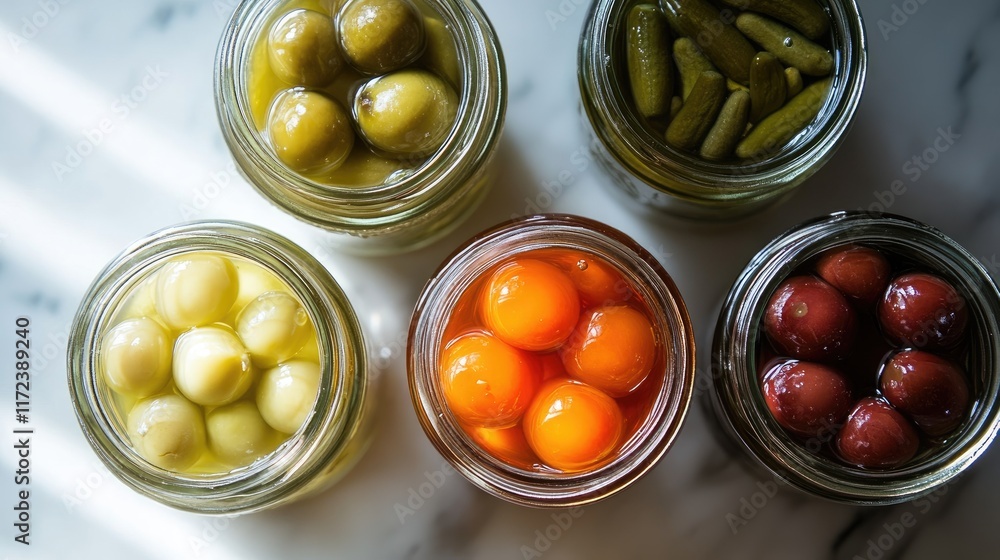 Poster assortment of pickled vegetables in jars arranged on a light surface showcasing vibrant colors and t