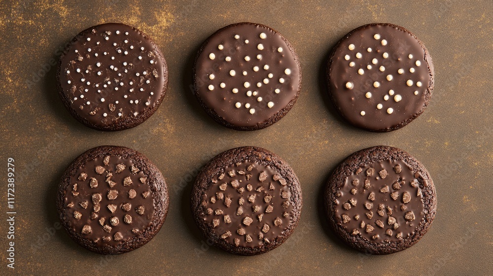 Poster Overhead view of six delicious chocolate cookies with varying toppings arranged on a dark background.