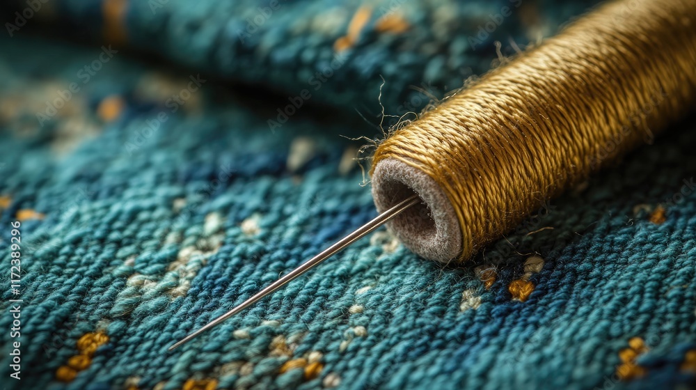 Poster golden sewing thread and needle resting on textured fabric showcasing intricate patterns ideal for n