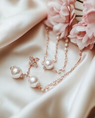 Elegant Pearl Necklace and Earrings Set on Silk