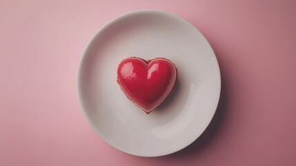 Heart-shaped dessert on a plate against a pink background perfect for romantic occasions or Valentine's Day celebrations